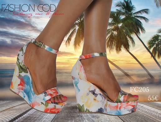 Bon plan, codes promo, réduction Guadeloupe, Martinique, Guyane, la Réunion : Chaussures compensées à fleur | photo-chaussures-compensees-a-fleur